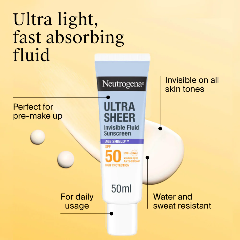 Neutrogena Ultra Sheer Invisible Age Shield Fluid Sunscreen SPF50 50ml - Image 3