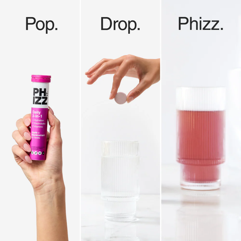 Phizz Daily 3-in-1 Hydration, Electrolytes &Vitamins Effervescent Tablets Apple & Blackcurrant 60 Tablets - Image 7