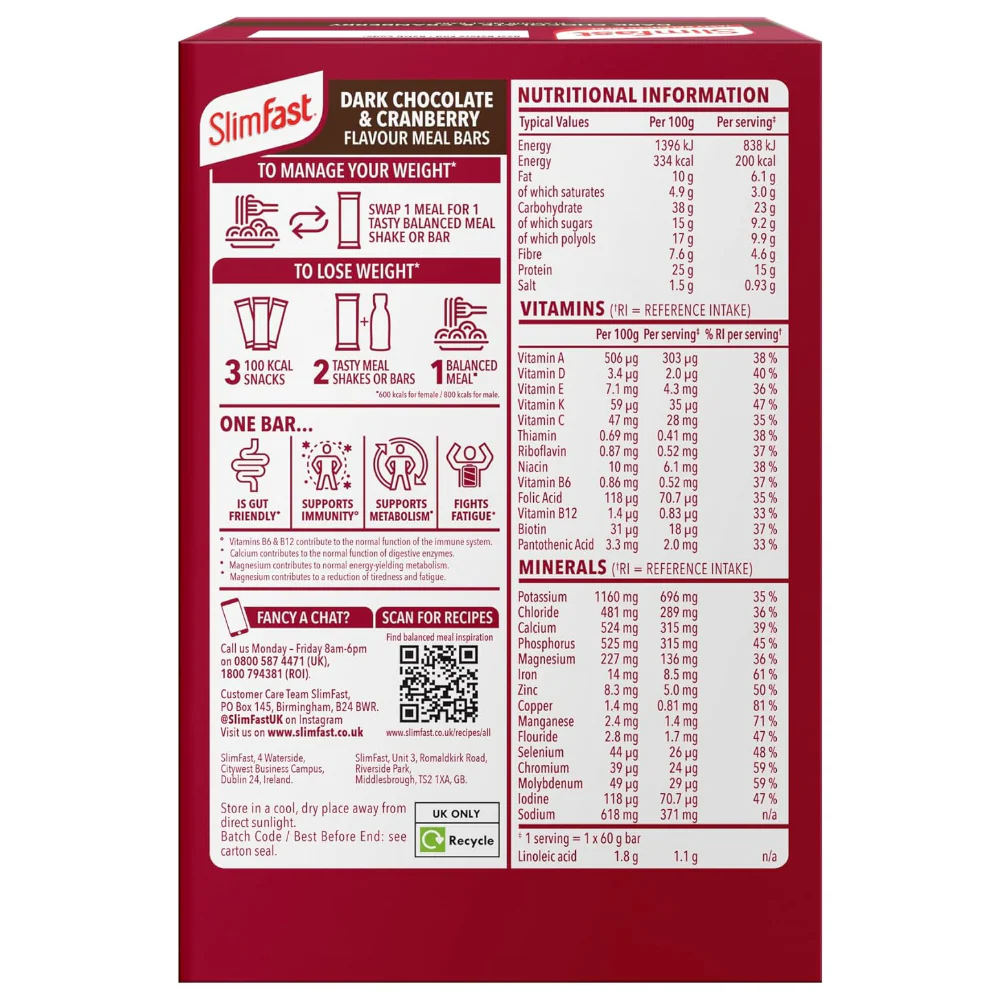 SlimFast Tasty Balanced Meal Dark Chocolate & Cranberry Meal Replacement Bars Multipack 4 x 60g - Image 3