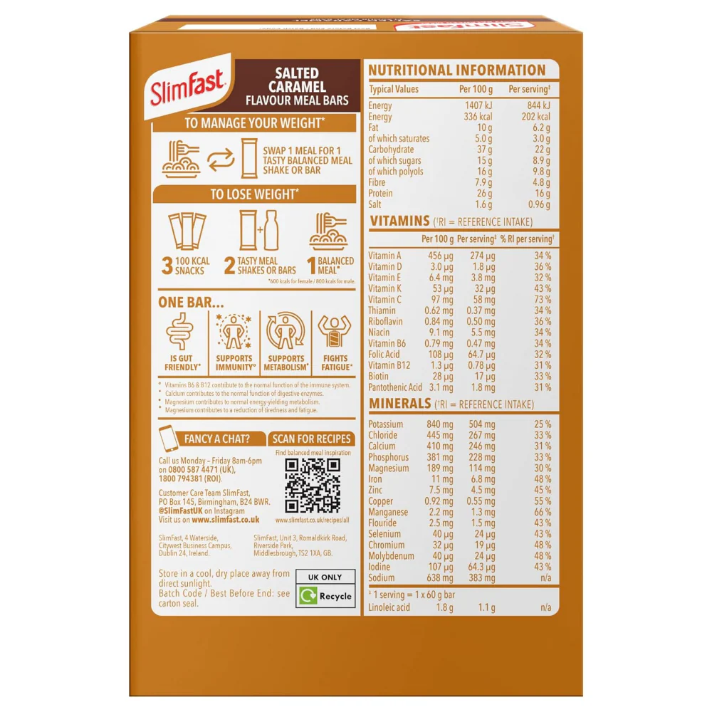 SlimFast Tasty Balanced Meal Salted Caramel Meal Replacement Bars Multipack 4 x 60g - Image 3